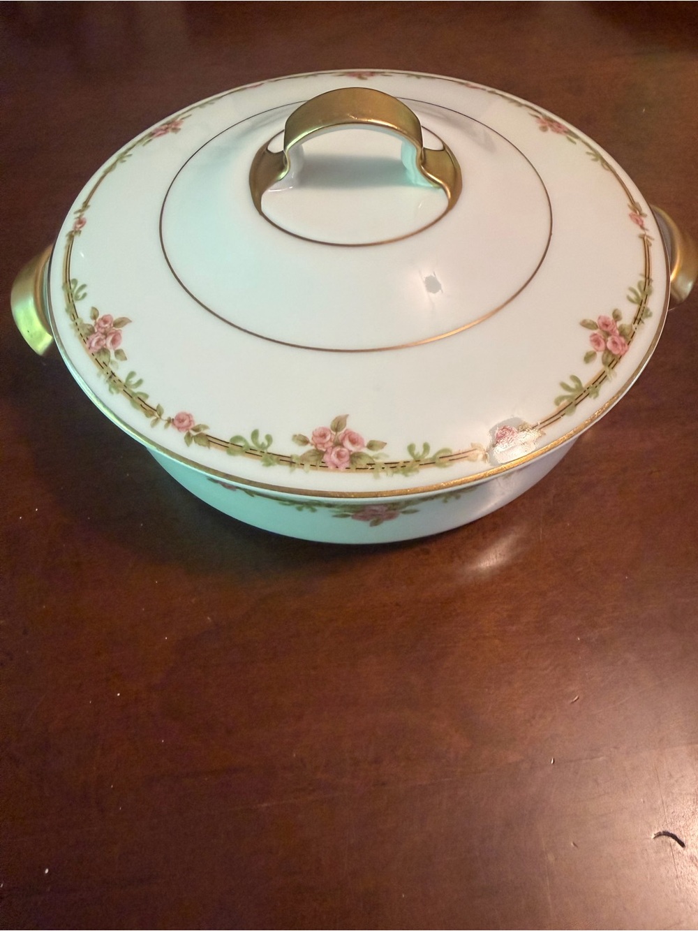 Theodore Haviland Porcelain Covered Casserole Dish with Pink Rose Trim